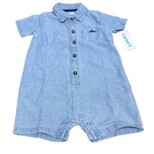 Carter’s 12M Chambray Shortall Romper Blue Baby Outfit NWT Car Pocket